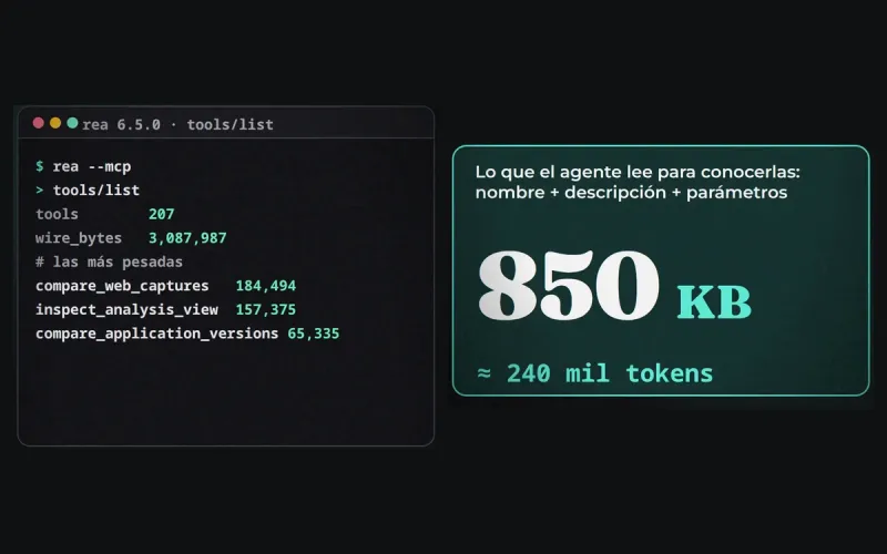 Terminal con la respuesta de tools/list de REA 6.5.0: 207 herramientas y 3,087,987 bytes; al lado, una tarjeta con 850 KB y unos 240 mil tokens