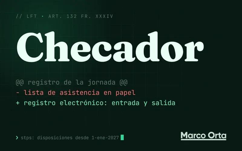 Portada tipográfica: «Checador» en grande sobre un diff, en rojo «lista de asistencia en papel» y en verde «registro electrónico: entrada y salida», con la referencia al art. 132 fr. XXXIV de la LFT