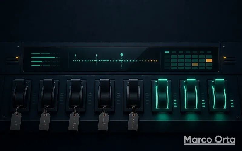 Panel de control oscuro con ocho interruptores: cinco apagados y con una etiqueta de vencimiento colgando, y tres encendidos con luz turquesa