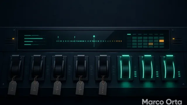 Panel de control oscuro con ocho interruptores: cinco apagados y con una etiqueta de vencimiento colgando, y tres encendidos con luz turquesa