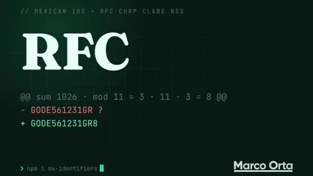 Typographic cover: the word RFC above a diff, GODE561231GR with a missing check digit in red and GODE561231GR8 in green, and the sum 1026 mod 11 = 3, 11 − 3 = 8