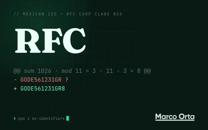 Typographic cover: the word RFC above a diff, GODE561231GR with a missing check digit in red and GODE561231GR8 in green, and the sum 1026 mod 11 = 3, 11 − 3 = 8