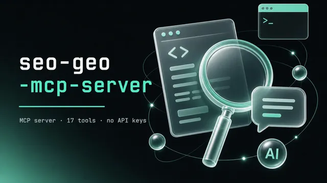 Portada del servidor seo-geo-mcp-server con una lupa, un bocadillo de respuesta de IA y nodos de datos estructurados sobre fondo oscuro.