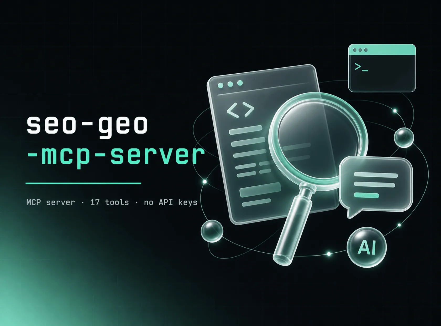 Portada del servidor seo-geo-mcp-server con una lupa, un bocadillo de respuesta de IA y nodos de datos estructurados sobre fondo oscuro.