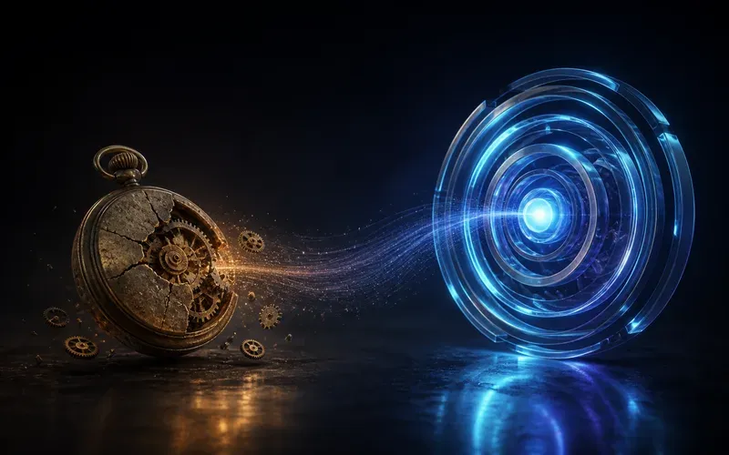 Un reloj de bolsillo de latón agrietado perdiendo engranajes a la izquierda, con un flujo de partículas que va hacia unos anillos concéntricos de luz azul a la derecha