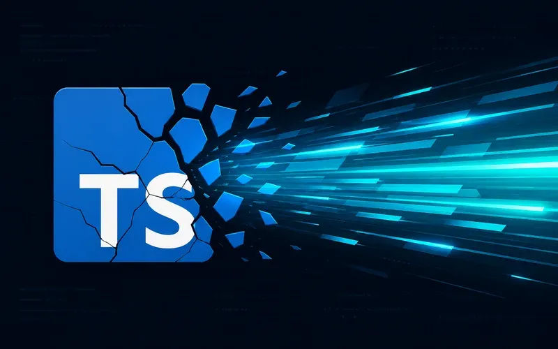 Engranaje azul de TypeScript partiéndose mientras un compilador escrito en Go avanza a toda velocidad