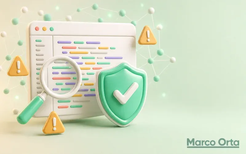 Pantalla de código generado por IA con escudo de seguridad y alertas de vulnerabilidad marcadas para revisión antes de hacer commit