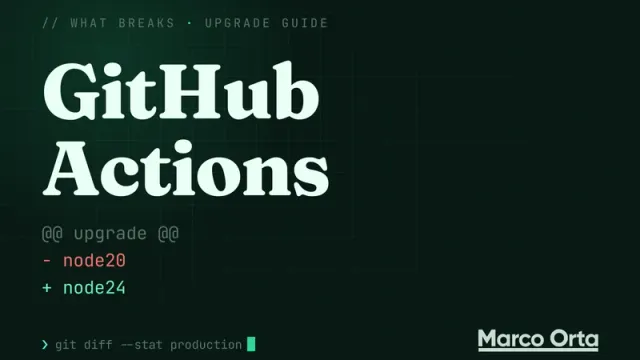 Typographic cover for the GitHub Actions fall 2026 guide: the words GitHub Actions above a two-line diff, - node20 in red and + node24 in green