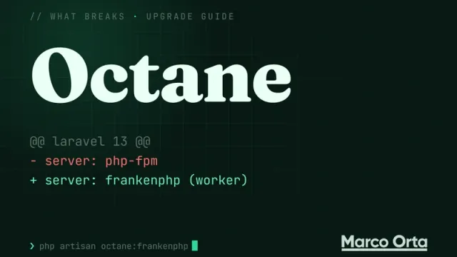 Portada tipográfica: la palabra Octane sobre un diff etiquetado laravel 13, - server: php-fpm en rojo y + server: frankenphp (worker) en verde