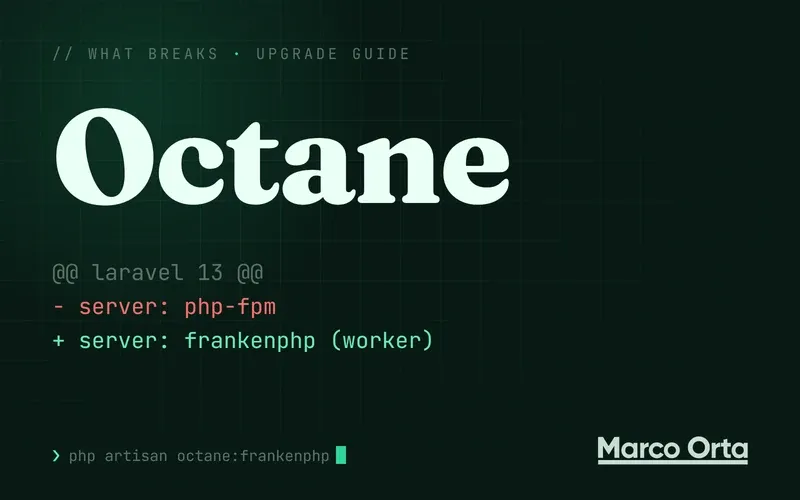 Typographic cover: the word Octane above a diff labelled laravel 13, - server: php-fpm in red and + server: frankenphp (worker) in green