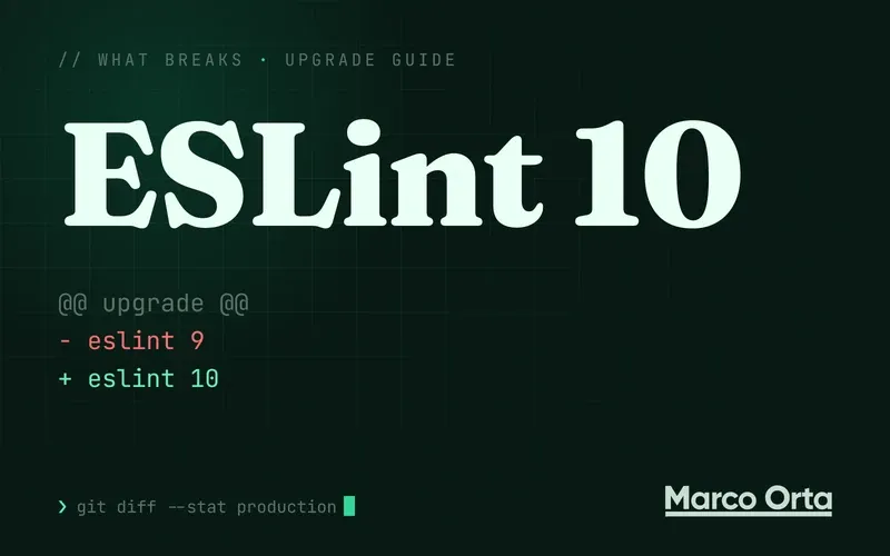 Typographic cover for the ESLint 10 upgrade guide: a two-line diff from the previous version to ESLint 10