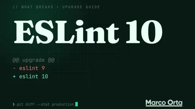 Typographic cover for the ESLint 10 upgrade guide: a two-line diff from the previous version to ESLint 10