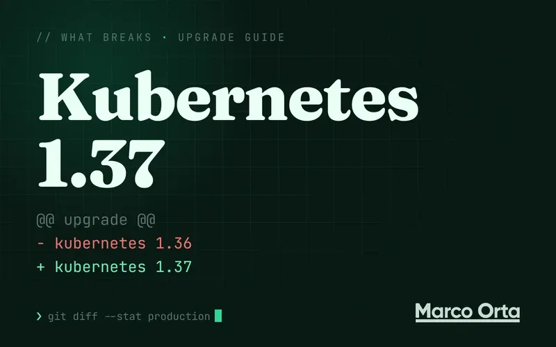 Typographic cover for the Kubernetes 1.37 upgrade guide: a two-line diff from the previous version to Kubernetes 1.37