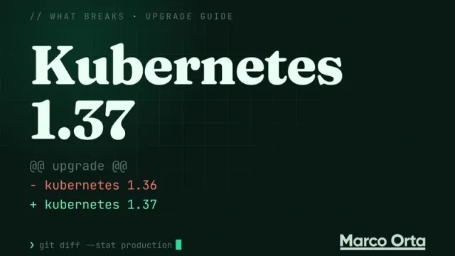 Typographic cover for the Kubernetes 1.37 upgrade guide: a two-line diff from the previous version to Kubernetes 1.37