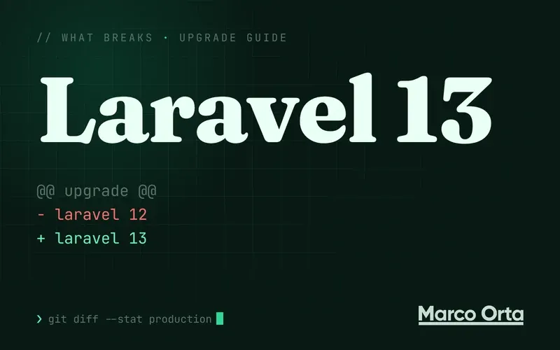 Typographic cover for the Laravel 13 upgrade guide: a two-line diff from the previous version to Laravel 13