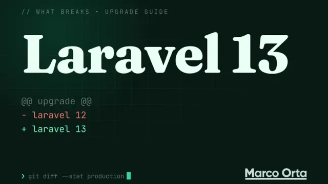 Typographic cover for the Laravel 13 upgrade guide: a two-line diff from the previous version to Laravel 13