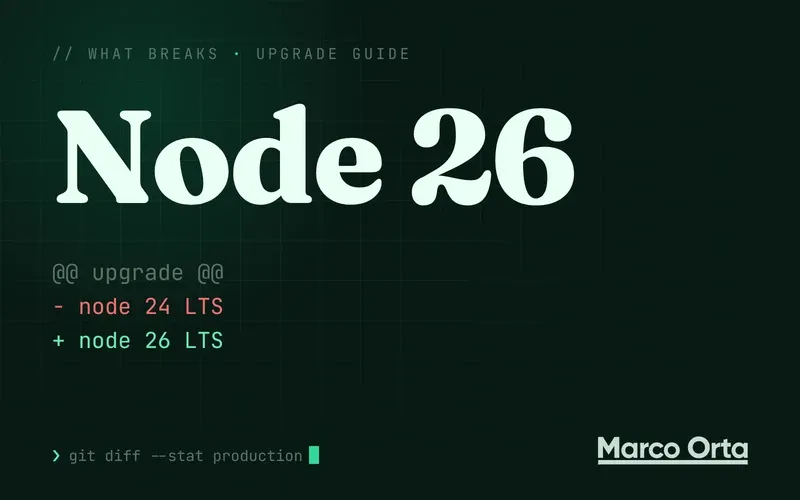 Typographic cover for the Node 26 upgrade guide: a two-line diff from the previous version to Node 26