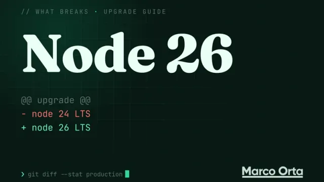 Typographic cover for the Node 26 upgrade guide: a two-line diff from the previous version to Node 26