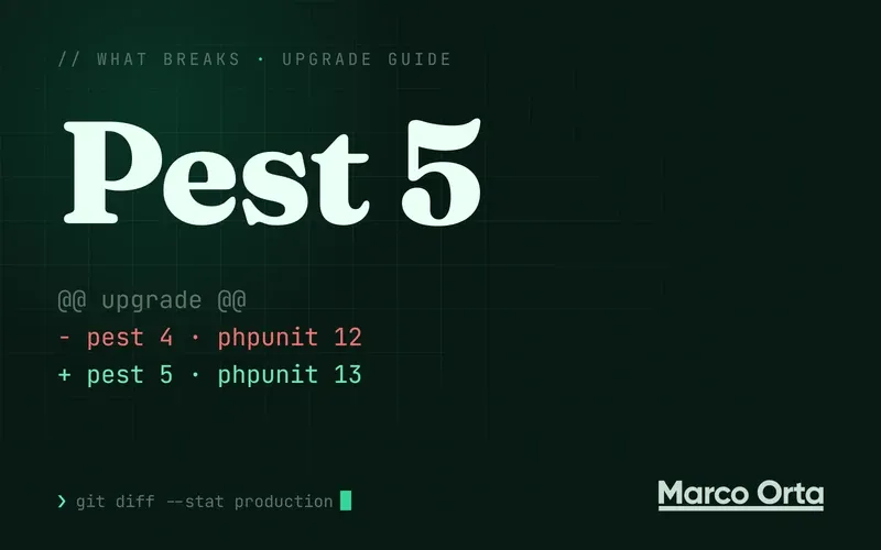 Typographic cover for the Pest 5 upgrade guide: a two-line diff from the previous version to Pest 5
