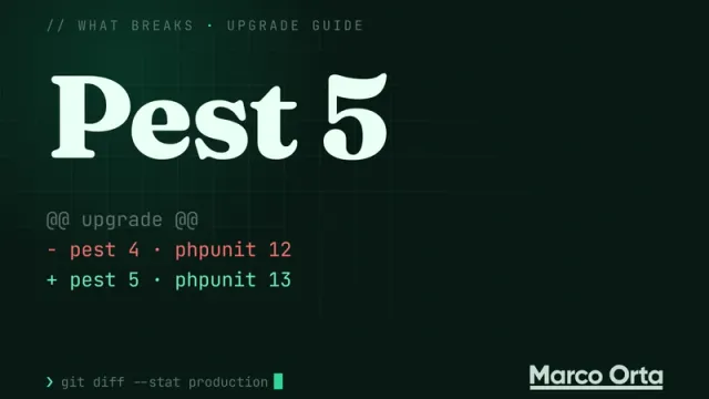 Typographic cover for the Pest 5 upgrade guide: a two-line diff from the previous version to Pest 5