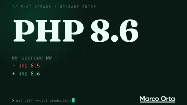 Typographic cover for the PHP 8.6 upgrade guide: a two-line diff from the previous version to PHP 8.6