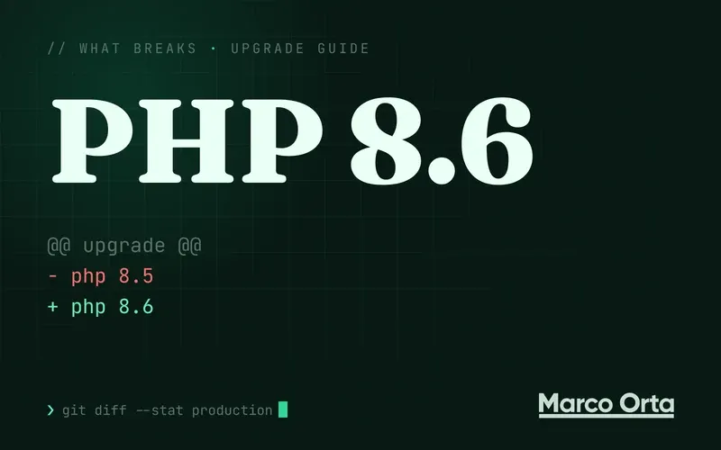 Typographic cover for the PHP 8.6 upgrade guide: a two-line diff from the previous version to PHP 8.6