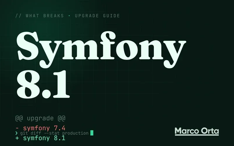 Typographic cover for the Symfony 8.1 upgrade guide: a two-line diff from the previous version to Symfony 8.1