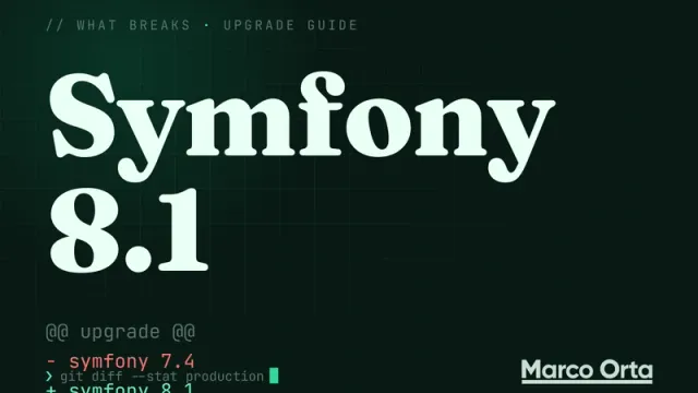 Typographic cover for the Symfony 8.1 upgrade guide: a two-line diff from the previous version to Symfony 8.1