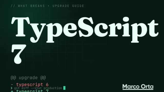 Typographic cover for the TypeScript 7 upgrade guide: a two-line diff from the previous version to TypeScript 7