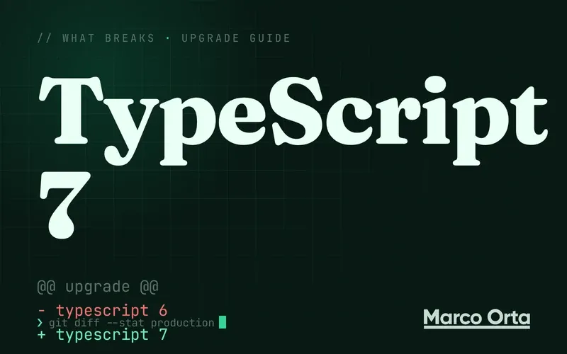 Typographic cover for the TypeScript 7 upgrade guide: a two-line diff from the previous version to TypeScript 7