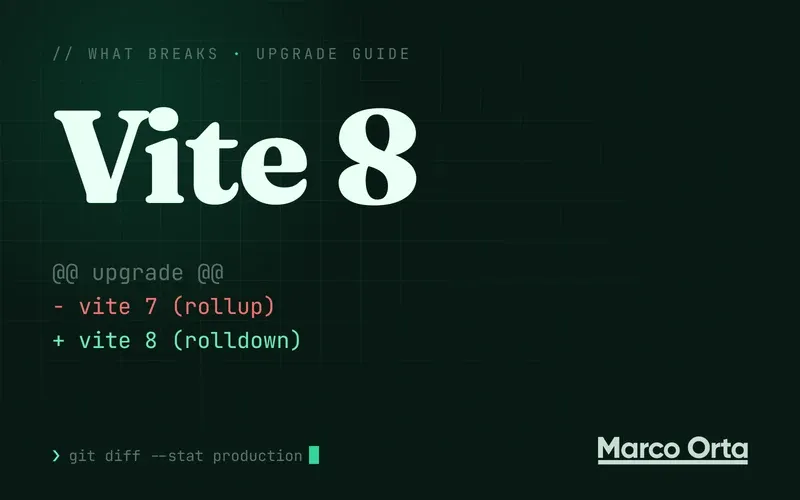 Typographic cover for the Vite 8 upgrade guide: a two-line diff from the previous version to Vite 8