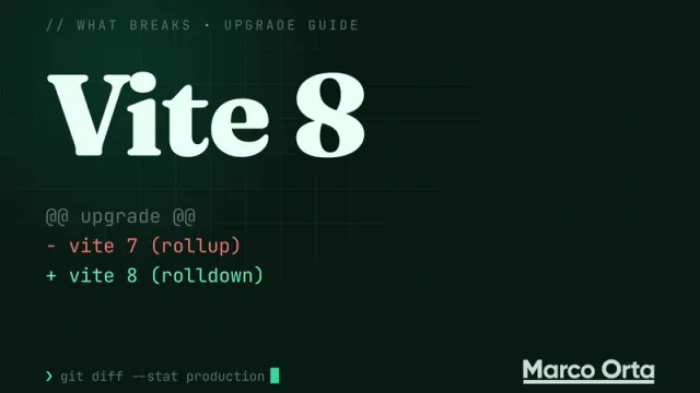 Typographic cover for the Vite 8 upgrade guide: a two-line diff from the previous version to Vite 8