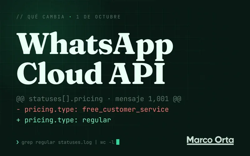 Portada tipográfica: WhatsApp Cloud API y un diff de dos líneas donde pricing.type pasa de free_customer_service a regular
