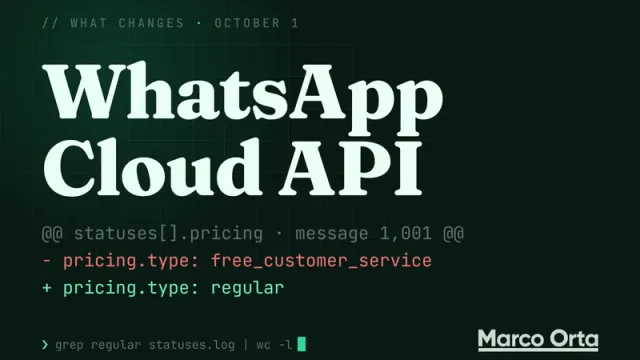 Typographic cover: WhatsApp Cloud API and a two-line diff where pricing.type changes from free_customer_service to regular