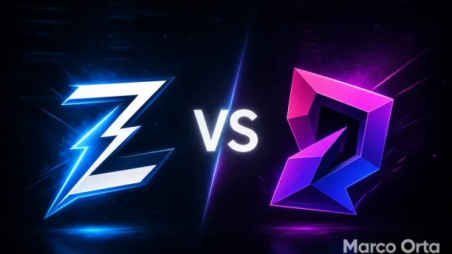 Logos estilizados de Zed y PhpStorm enfrentados para comparar cuál es mejor para PHP