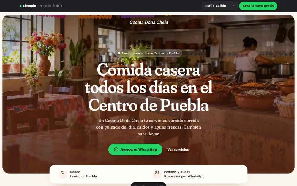 Captura de la página de ejemplo Cocina Doña Chela, en escritorio
