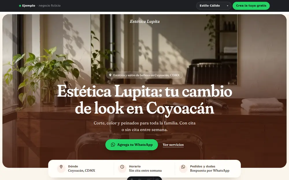 Captura de la página de ejemplo Estética Lupita, en escritorio