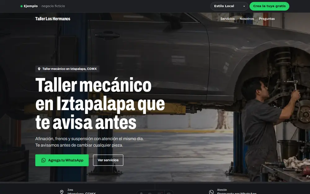 Captura de la página de ejemplo Taller Los Hermanos, en escritorio