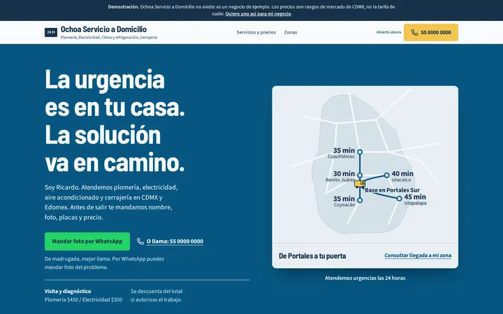 Captura del sitio de ejemplo para servicio a domicilio