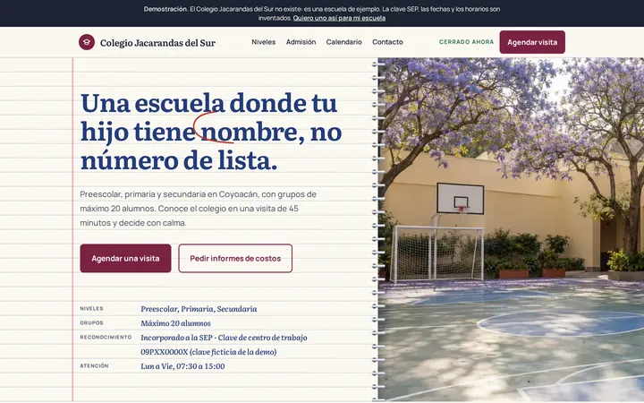 Captura del sitio de ejemplo para escuela particular