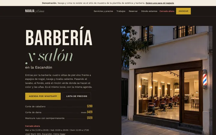 Captura del sitio de ejemplo para estética y barbería