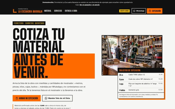 Captura del sitio de ejemplo para ferretería