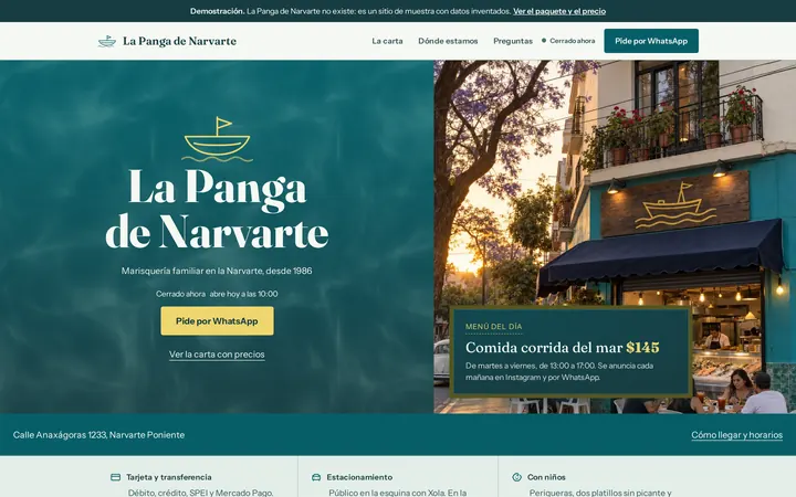 Captura del sitio de ejemplo para restaurante