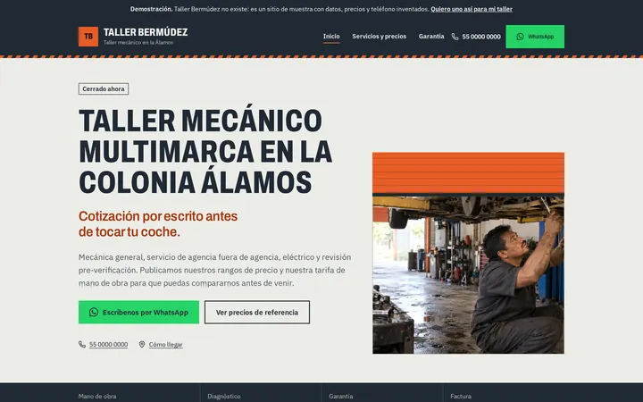 Captura del sitio de ejemplo para taller mecánico