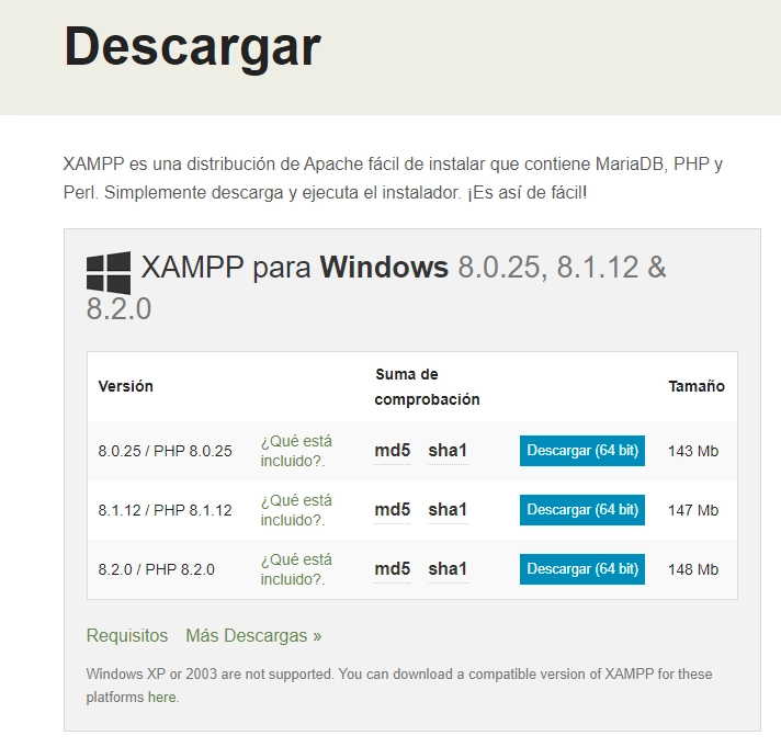 Página Oficial de Instalación Xampp